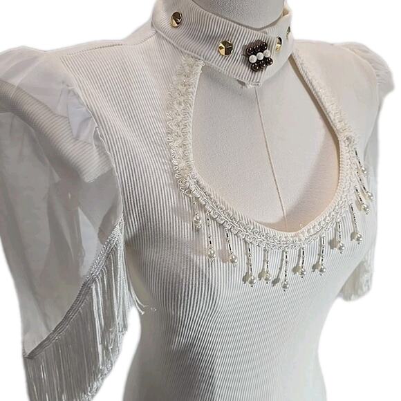 Vtg Joy USA White Ribbed Bodycon Dress Sz M Fringe Beaded Collar Dolly Parton - Picture 2 of 9
